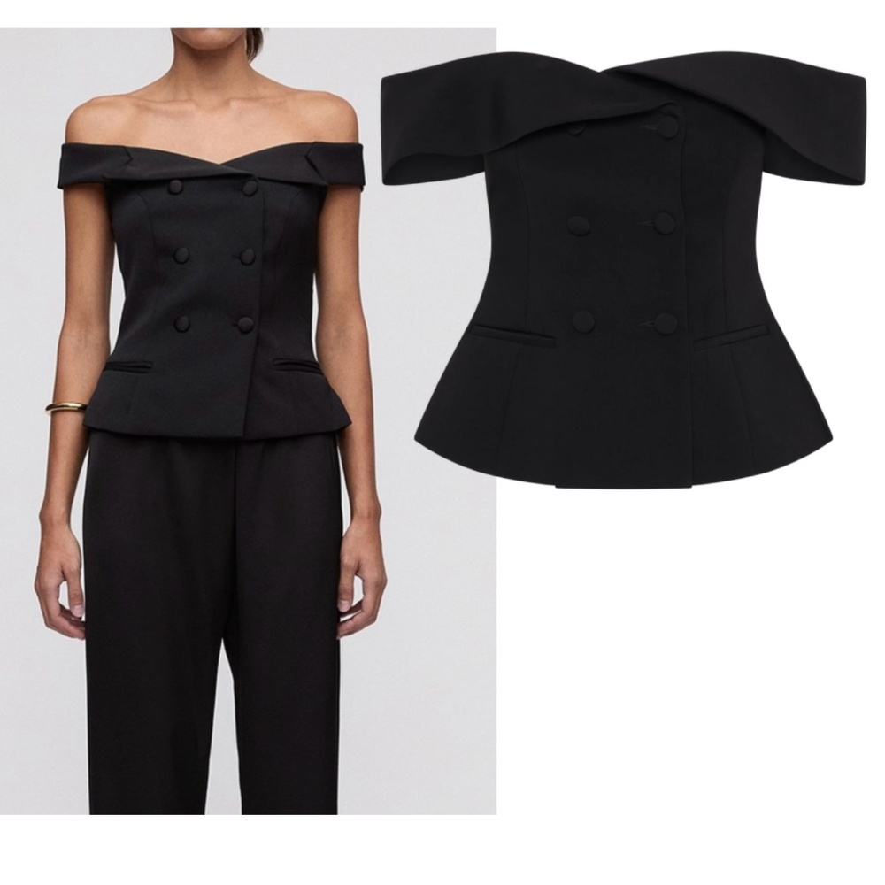 Aqua Double-Breasted Off-Shoulder Blouse – Black NWT $78